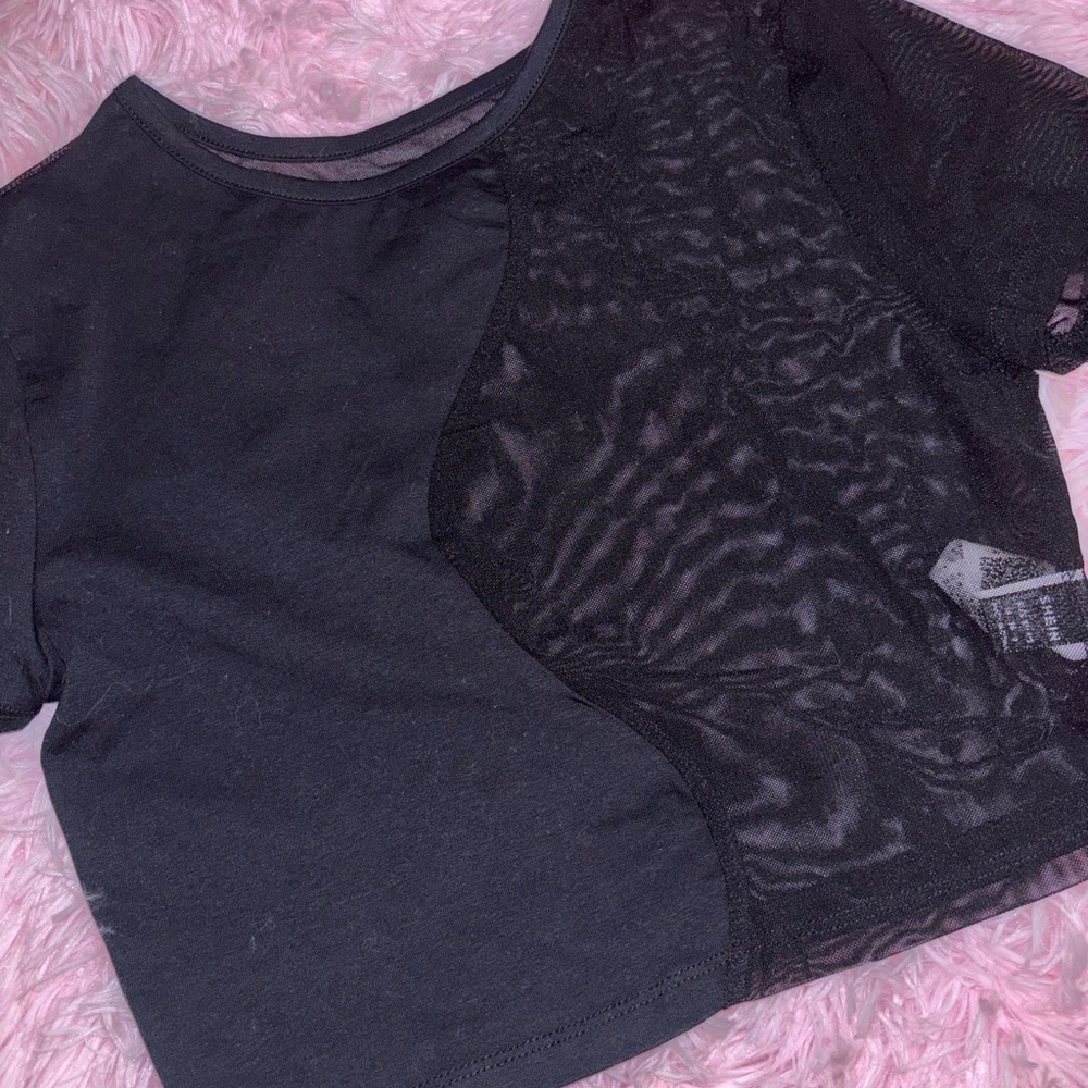 Black Half Sheer Short Sleeve Crop Top - Size Medium